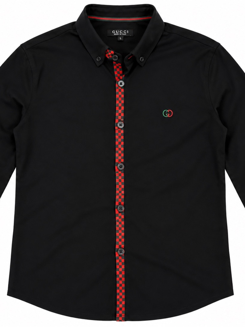 Gucci Black Button-Down Shirt with Red Checker Placket